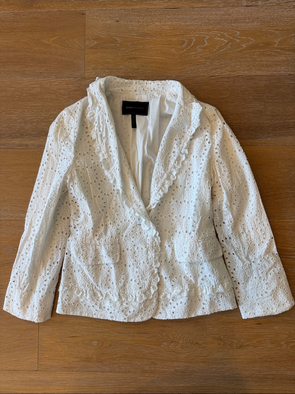 BCBGMaxAzria White Eyelet Lace Ruffled Lapel Blazer